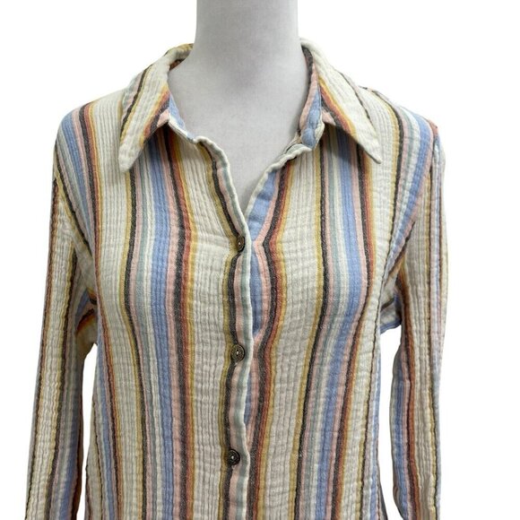 Soft Surroundings Slub Cotton Gauze Stripe Button Down Shirt Beachy size Large - Picture 3 of 9